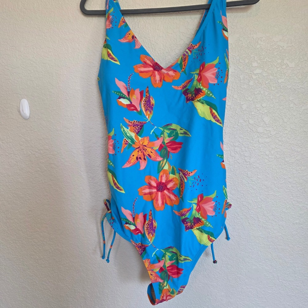 Shade & Shore Blue Floral‎ One Piece Swimsuit Size 22 Tropical Side Tie Cutout - Picture 3 of 8